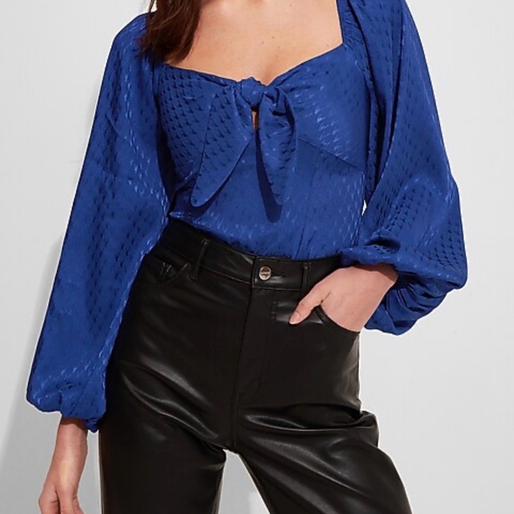 Express Royal Blue Tie-Front Long Sleeve Blouse